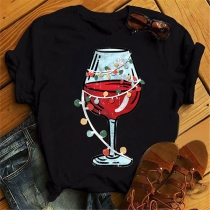 Casual Style Wine Glass Printed Pattern Short Sleeve Round Neck Christmas T-shirt