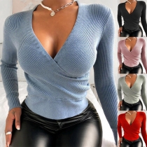 Sexy V-neck Long Sleeve Solid Color Slim Fit Knit Top