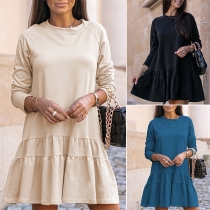 Simple Style Long Sleeve Round Neck Ruffle Hem Solid Color Loose Dress