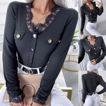 Fashion Solid Color Long Sleeve Front-button Lace Spliced Round Neck Top