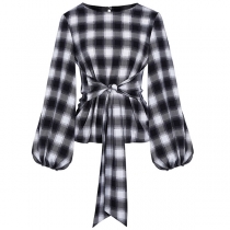 Retro Style Lantern Sleeve Round Neck Lace-up Plaid Top