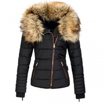 Fashion Faux Fur Spliced Hooded Oblique-zipper Slim Fit Padded Coat