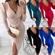 Sexy Deep V-neck Slit Hem Long Sleeve Solid Color Slim Fit Tie-belt Dress