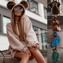 Cute Faux Fur Spliced Cat Ear Shaped Hooded Long Sleeve Loose Sweatshirt Dress
