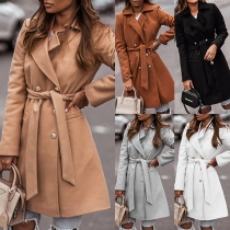 Elegant Solid Color Long Sleeve Double-breasted Woolen Coat with Waist Strap