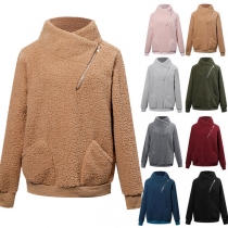 Fashion Solid Color Long Sleeve Stand Collar Oblique Zipper Plush Sweatshirt
