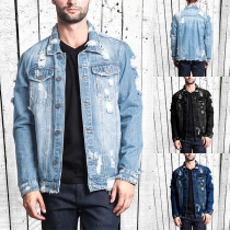 Fashion Long Sleeve POLO Collar Single-breasted Ripped Denim Coat for Man