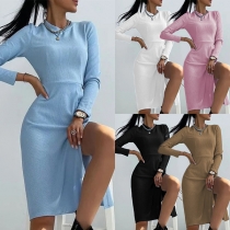 Simple Style Long Sleeve Round Neck Slit Hem Solid Color Slim Fit Dress
