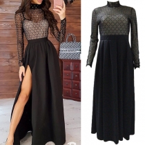 Sexy See-through Gauze Spliced Long Sleeve Mock Neck Slit Hem High Waist Dress