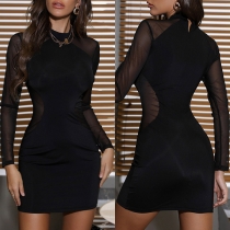 Sexy See-through Gauze Spliced Long Sleeve Mock Neck Black Tight Dress