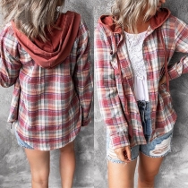 Casual Style Long Sleeve Hooded Loose Plaid Shirt Cardigan