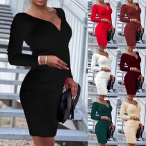 Sexy V-neck Long Sleeve Solid Color Slim Fit Dress