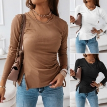 Simple Style Long Sleeve Round Neck Slit Hem Side-drawstring Knit T-shirt