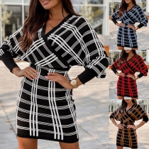 Sexy Backless V-neck Dolman Sleeve Slim Fit Knit Plaid Dress