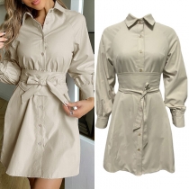 OL Style Long Sleeve POLO Collar Single-breasted Lace-up Shirt Dress