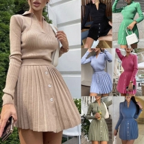 Fashion Solid Color Long Sleeve V-neck Knit Top + Pleated Skirt Two-piece Set