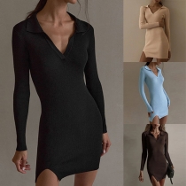 Sexy V-neck SLit Hem Long Sleeve Solid Color Slim Fit Dress