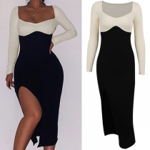 Sexy Square Collar Slit Hem Long Sleeve Slim Fit Contrast Color Dress