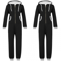 Fashion Contrast Color Long Sleeve Hooded Jumpsuit Pajamas