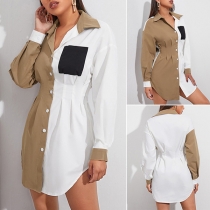 Fashion Contrast Color Long Sleeve POLO Collar Single-breasted Shirt Dress