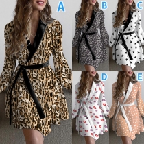 OL Style Long Sleeve Lapel Tie-belt Printed Dress