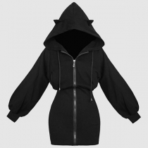 Fashion Solid Color Long Sleeve Hooded Front-zipper Sweatshirt Dress