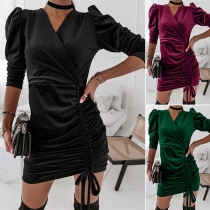 Sexy V-neck Drawstring Hem Long Sleeve Solid Color Slim Fit Dress