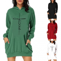 Fashion Letters Printed Long Sleeve Hooded Sweatshirt Dress