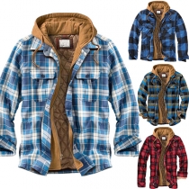 Casual Style Long Sleeve Hooded Plaid Coat for Man