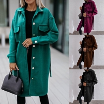 Fashion Solid Color Long Sleeve POLO Collar Single-breasted Woolen Coat with Waist Strap