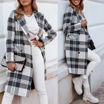 Fashion Long Sleeve Double-breasted Loose Plaid Woolen Coat Jacket