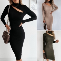 Sexy Hollow Out Long Sleeve Mock Neck Solid Color Slim Fit Knit Dress
