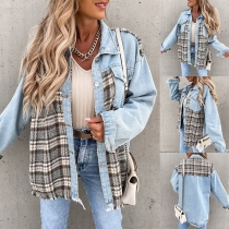 Fashion Plaid Spliced Long Sleeve POLO Collar Single-breasted Frayed Hem Denim Jacket