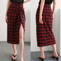 Retro Style High Waist Slit Hem Plaid Skirt