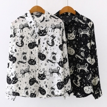 Fashion Long Sleeve POLO Collar Single-breasted Printed Shirt