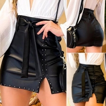 Sexy Slit Hem High Waist Beaded Slim Fit PU Leather Skirt