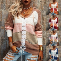 Fashion Contrast Color Long Sleeve Front Lace-up Hooded Knit Top
