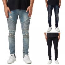 Fashion Middle Waist Ripped Slim Fit Wrinkled Jeans for Man