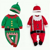 Cute Contrast Color Long Sleeve Round Neck Kids Christmas Jumpsuit with Cap