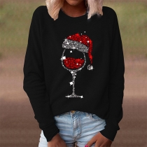 Casual Style Sequin Wine Glass Pattern Long Sleeve Round Neck T-shirt