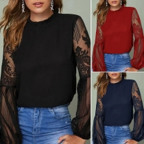 Sexy See-through Gazue Spliced Lantern Sleeve Round Neck T-shirt Top