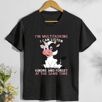 Cute Cartoon Cow Pattern Short Sleeve Round Neck Loose T-shirt