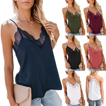 Sexy Backless V-neck Lace Spliced Solid Color Sling Top