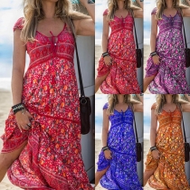 Bohemian Style Short Sleeve V-neck High Waist Printed Maxi Dress