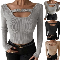 Sexy Hollow Out U-neck Long Sleeve Solid Color Slim Fit T-shirt