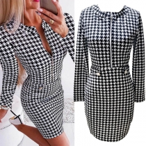 OL Style Long Sleeve Round Neck Slim Fit Houndstooth Dress
