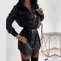 Fashion Long Sleeve POLO Collar Single-breasted PU Leather Dress