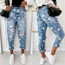 Casual Style Star Printed High Waist Ripped Jeans