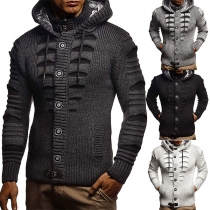 Fashion Solid Color Long Sleeve Hooded Single-breasted Man's Knit Coat
