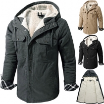 Fashion Solid Color Long Sleeve Hooded Plush Lining Man's Coat